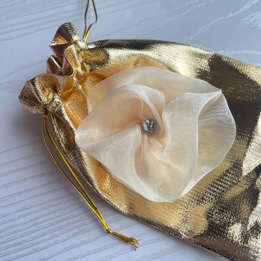 Champagne Shimmery Muslin Flower Hair Clip With Rhinestone, Flowers, Hair Clips